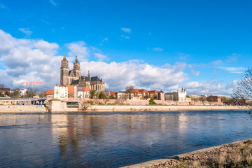 Fototapeta na wymiar View of Magdeburg Cathedral and Elbe river from another side, Magdeburg, Germany