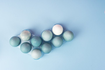 Conceptual still life photo of several blue eggs in plastic geometric egg boxes on the minimalist blue background.