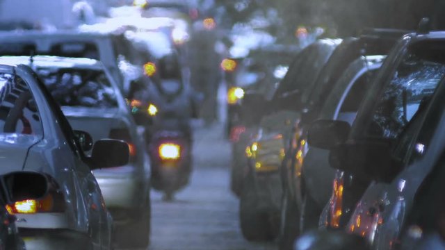Traffic Jam in the city. Dusk.
