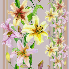 Obraz premium Beautiful lily flowers with green leaves on pastel striped background. Seamless floral pattern. Straight and narrow. Watercolor painting. Hand painted illustration.