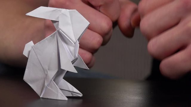 An artist makes an origami rabbit in a living room - closeup