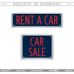 Rent a car. Car sale. 3D signboard. Top view. Vector design elements