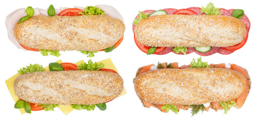 Brötchen Sandwich Sammlung Vollkorn Baguette Käse Salami Schinken Lachs Fisch von oben...