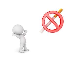 3D Character looking up happy at no smoking symbol