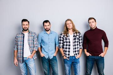 Obraz premium Lover boyfriend choose choice character temper leadership concept. Multinational stylish handsome trendy fellows, denim checkered outfit, keeping hands in pockets isolated on gray background