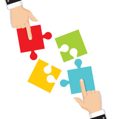 Business teamwork concept. Four businessman connecting puzzle. Vector