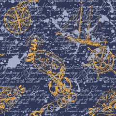 Grunge vintage ink lettering with marine and nautical elements wallpaper vector seamless pattern
