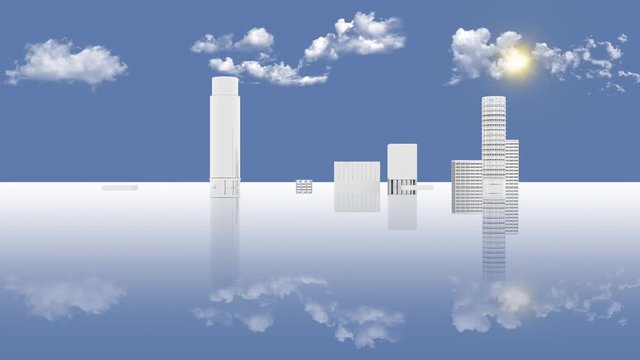 Animazione illustrazione 3D. Sviluppo skyline citt&agrave; bianca con riflesso. Sfondo cielo, sole e nuvole..