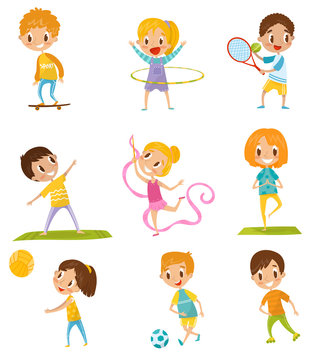 Kids doing different kinds of sports set, skateboarding, tennis, gymnastics, yoga, basketball, football vector Illustrations on a white background