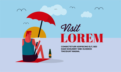 Travel and Tourism concept. Vector illustration of a man chilling on a beach and reading a book.