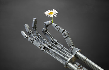 robot hand holding a flower