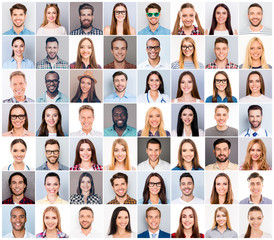 Collage of diverse people expressing positive emotions happiness smile joy - obrazy, fototapety, plakaty