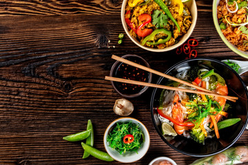 Asian food variation with many kinds of meals. Top view