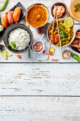 Asian food variation with many kinds of meals. Top view