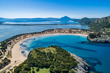 Panoramic aerial view of voidokilia beach, one of the best beaches in mediterranean Europe,...