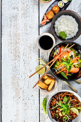 Asian food variation with many kinds of meals. Top view