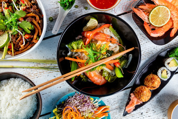 Asian food variation with many kinds of meals. Top view
