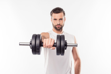 Stand up and go in for sport! Sporty, strong, professional, successful, athletic person calling to take exercise, holding weights in hand, showing dumbbells to the camera, isolated on white background