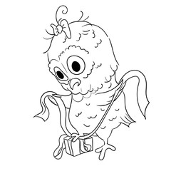 The owl, tying a bow. black and white outline children's illustration.
