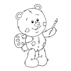 Teddy bear with a brush. black and white outline. postcard coloring.