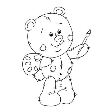 Teddy bear with a brush. black and white outline. postcard coloring.