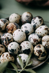 Quail eggs to the festive table, on a wooden table with decoration and fabric. With fresh herbs and salt. Easter decoration