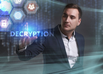 Business, Technology, Internet and network concept. Young businessman working on a virtual screen of the future and sees the inscription: Decryption