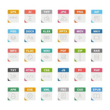 Vector flat icon set of file formats with outline icons
