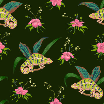 Seamless pattern with tropical flowers, leaves and chameleon. Exotic botanical background. Vector illustration in watercolor style