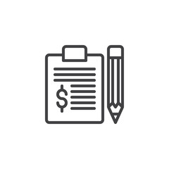 Finance money page and pen outline icon. linear style sign for mobile concept and web design. Banking document dollar simple line vector icon. Symbol, logo illustration. Pixel perfect vector graphics