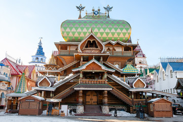 Architecture of Izmailovo Kremlin with Rich wood carving on walls, windows, stairs, and other parts of building.