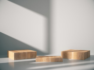 Wooden pedestal for display,Platform for design,Blank product stand with empty room.3D rendering.