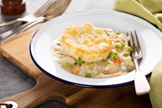 Chicken pot pie with a biscuit on top