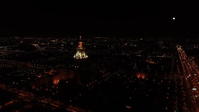 Night flight around the main building of Moscow State University (MGU)