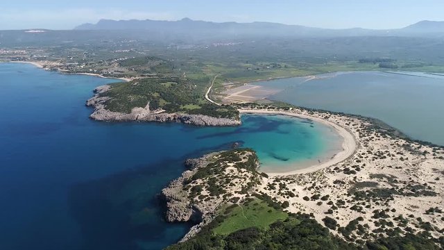 Panoramic aerial view of voidokilia beach, one of the best beaches in mediterranean Europe, beautiful lagoon of Voidokilia from a high point of view, Messinia, Greece