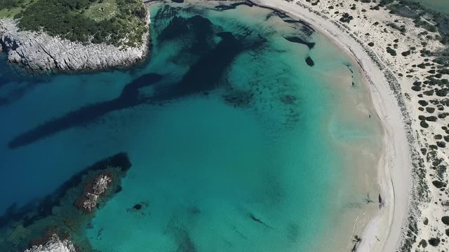 Panoramic aerial view of voidokilia beach, one of the best beaches in mediterranean Europe, beautiful lagoon of Voidokilia from a high point of view, Messinia, Greece