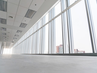 empty floor and cityscape of modern city from window, Large Hall, Store, interior,Lab, perspective wide angle.