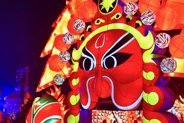 Traditional Chinese Mask Lantern Light Up at Pak Nam Pho Chinese New Year Festival in Nakhon Sawan Province