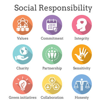 Social Responsibility Solid Icon Set w Honesty, integrity, & collaboration, etc