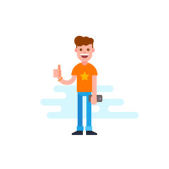 Happy young boy thumb up cartoon illustration.