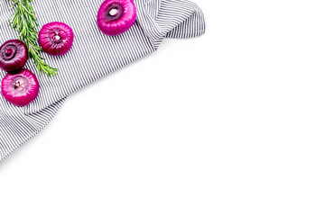 Red onion for salads on white background top view copy space