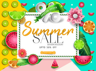 Summer sale banner with fruits background and exotic palm leaves, hibiscus flowers and Hello Summer handlettering.