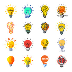 Bulb idea vector lightbulb icon solution of ideally brainstorm and electric lighting energy lamp illustration set of business ideal brain isolated on white background - obrazy, fototapety, plakaty