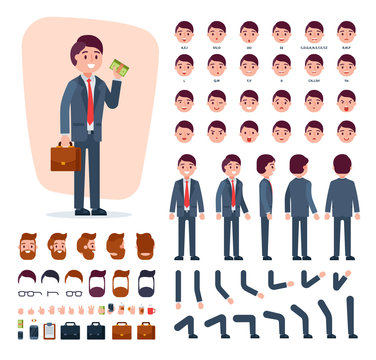 Businessman constructor vector creation of male character with manlike hairstyle head and face emotions illustration set of mans body with hands legs isolated on white background