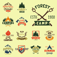 Set of vintage woods camp badges and travel logo hand drawn emblems nature mountain camp outdoor vector illustration.