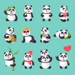 Obraz premium Panda wektor niedźwiedź kot lub chiński niedźwiedź z bambusem w miłości, gra lub spanie ilustracja zestaw panda wielka czytanie książki lub jedzenie lodów na białym tle na tle