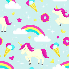 Obraz premium Cartoon unicorns, rainbow, clouds seamless pattern. Vector background