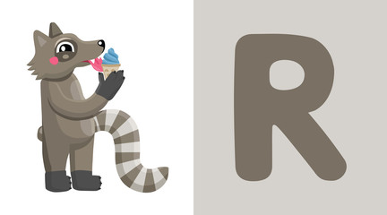 R is for Raccoon. Letter R. Raccoon., cute illustration. Animal alphabet.