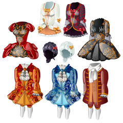 Set classic clothes for gentlewomen and pages. Collection of old dresses, according to etiquette at court of king. Image in cartoon style. Vector illustration isolated on white background
