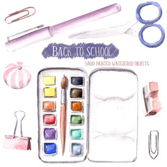 Hand drawn watercolor illustration painted set of objects isolated white background back to school supplies stationery pastel pink purple colors - 199469508
